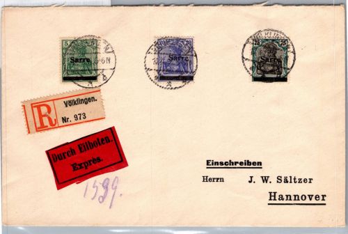 Saargebiet 4, 8, 15 auf Brief als Mischfrankatur Einschreiben Eilbote #DCI98
