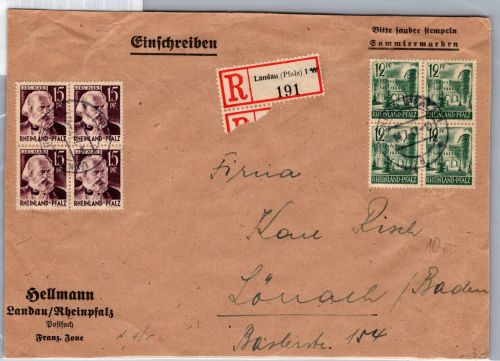 Alliierte Besetzung Rh. Pfalz 4, 5 im 4er Block auf Brief Einschreiben #DCJ03