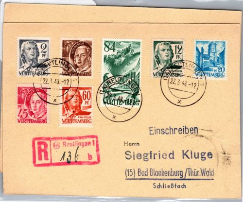 Französische Zone Württemberg 1-13 auf 2 Karten Einschreiben #DET68