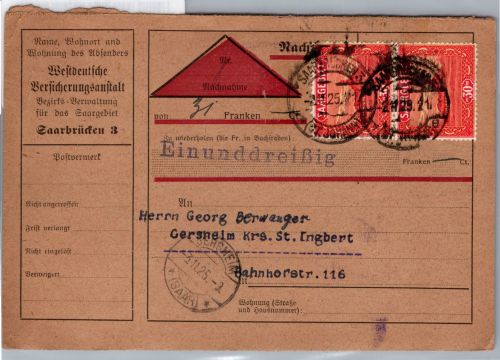 Saargebiet 90 senkrechtes Paar auf Paketkarte Nachnahme #DET85