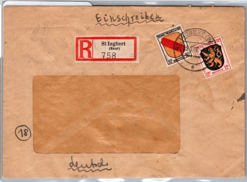 Französische Zone Allgemeine Ausgabe 6, 14 auf Brief Einschreiben #DET91