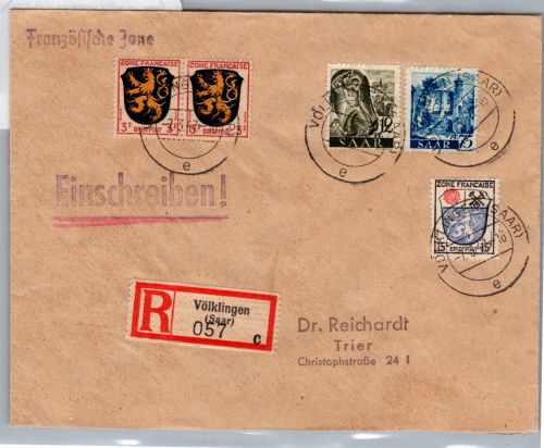 Saarland 211, 222 mit Zuf Fr. Zone auf Brief Einschreiben #DET94