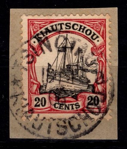Deutsche Kolonien Kiautschou 22 gestempelt auf Briefstück mit Vollstempel #DFQ85