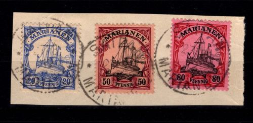 Deutsche Kolonien Marianen 10, 14, 15 gestempelt Briefstück (Vollstempel) #DFR47