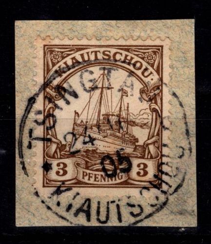 Deutsche Kolonien Kiautschou 5 gestempelt auf Briefstück mit Vollstempel #DGC54