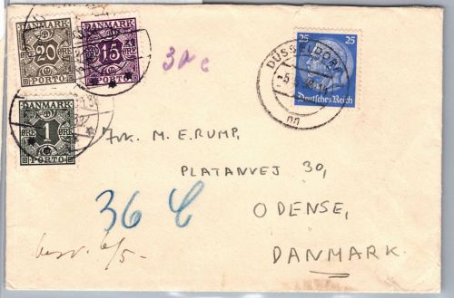 Deutsches Reich 522 auf Brief Ausland mit dänischen Portomarken #DFX09