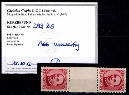 Saarland 289 ZS postfrisch Kurzbefund Geigele BPP #DGE85