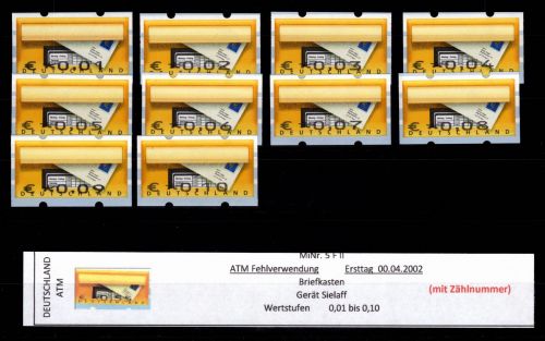 BRD Bund Automatenmarken 5 F II postfrisch 0,01-0,10 €, ATM Fehlverwend. #DGH08