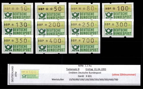 BRD Bund Automatenmarken 1.1 hu TS 8 postfrisch ohne Nummer #DGI08