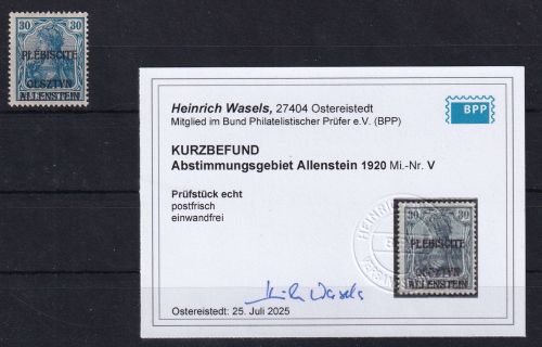 Allenstein V postfrisch Kurzbefund Wasels BPP #DGV10