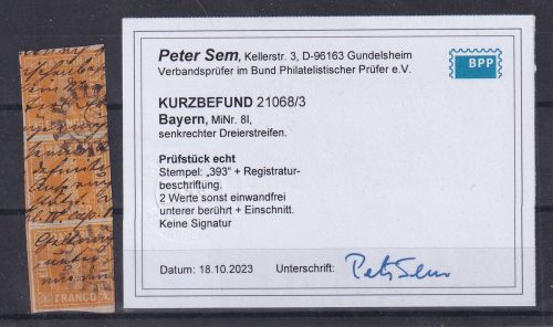 Bayern 8 I gestempelt senkrechter 3er Streifen, Kurzbefund Sem BPP #DGW02