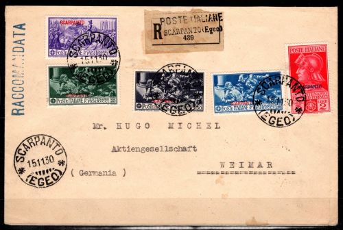 Ägäische Inseln 26-30 XI gestempelt auf Brief nach Weimar (Scarpanto) #DFA64