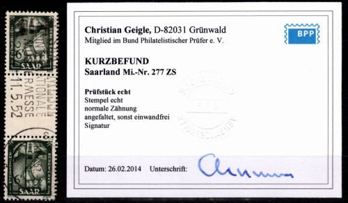 Saarland 277 ZS gestempelt als Zwischenstegpaar, Kurzbefund Geigele BPP #DHB00