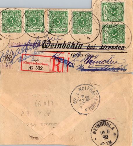 Deutsche Kolonien Samoa V 46 gestempelt 6x auf Briefstück, signiert Lange #DHC26