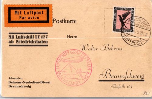 Deutsches Reich 382 auf Postkarte Zeppelinfahrt LZ 127 #DHX71