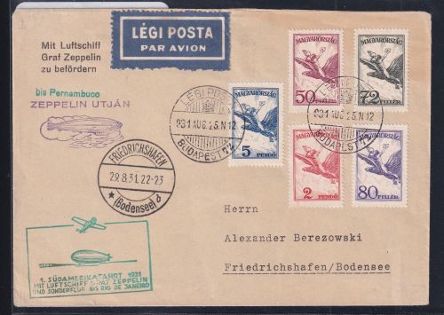 Ungarn 435-437, 469-470 auf Brief Zeppelinfahrt LZ 127 #DHX94