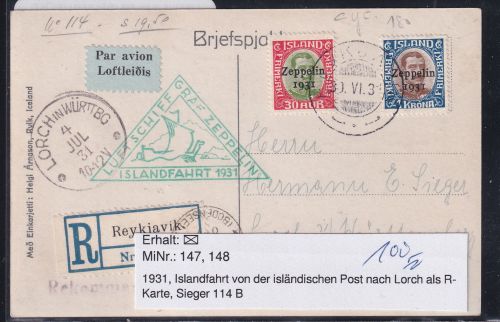 Island 147, 148 auf Postkarte Zeppelinfahrt LZ 127 #DHY08