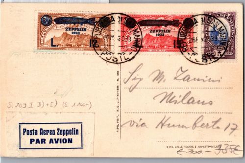 San Marino 195, 196 u.a auf Postkarte Zeppelinfahrt LZ 127 #DHY16