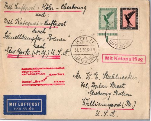 Deutsches Reich 378, 382 auf Brief Katapultflug ´Bremen´- New York 1930 #DHY32