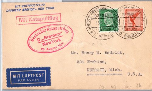 Deutsches Reich 381 u.a. auf Brief Katapultflug ´Bremen´- New York 1929 #DHY38