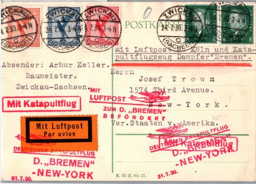 Deutsches Reich 381 u.a. auf Postkarte Katapultflug ´Bremen´- N.Y.1930 #DHY46