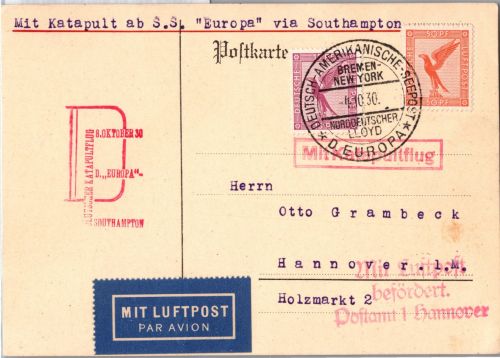Deutsches Reich 381 u.a. auf Postkarte Katapultflug ´Bremen´- N.Y.1930 #DHY47