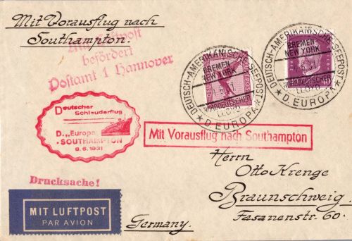 Deutsches Reich A379, 418 auf Brief Schleuderflug D. ´Europa´ 1931 #DHY64