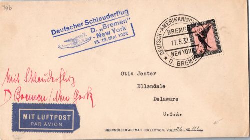 Deutsches Reich 382 auf Brief Schleuderflug D. ´Bremen´ 1932 #DHY70