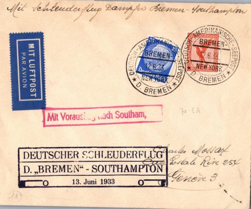 Deutsches Reich 381, 522 auf Brief Schleuderflug D. ´Bremen´ 1933 #DHY72