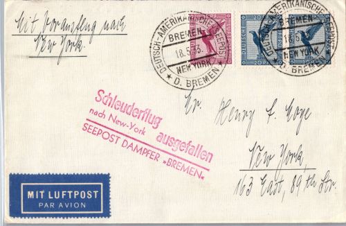 Deutsches Reich A379, 380 auf Brief Schleuderflug D. ´Bremen´ 1934 #DHY77