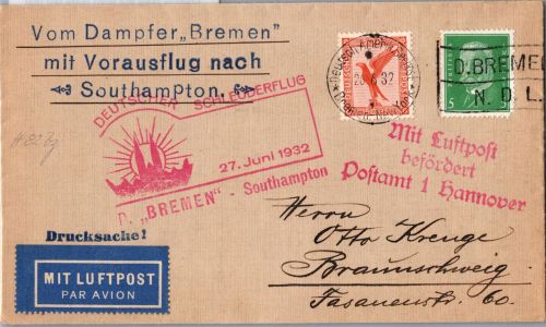 Deutsches Reich 381 u.a. auf Brief Schleuderflug D. ´Bremen´ 1932 #DHY79