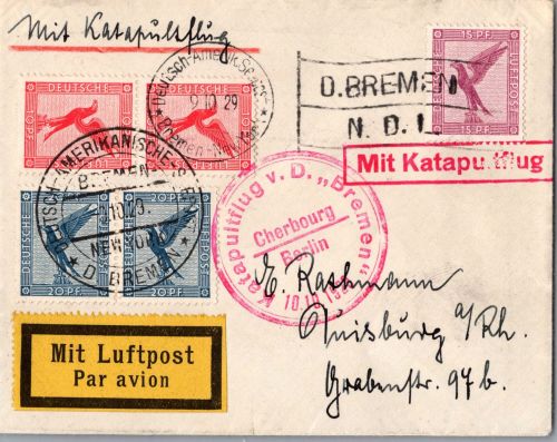 Deutsches Reich 380 u.a auf Brief Katapultflug ´Bremen´- Köln 1929 #DHY87