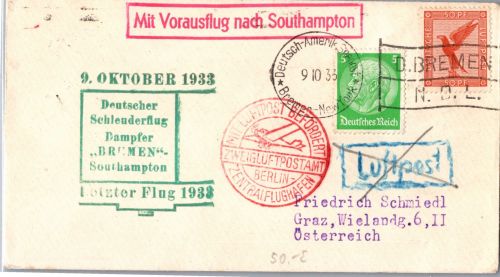 Deutsches Reich 381, 468 auf Brief Schleuderflug D. ´Bremen´ 1933 #DHY93