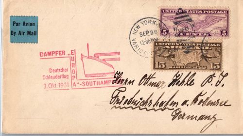 USA 301, 321 auf Brief Schleuderflug D. ´Europa´ 1931 #DHY95