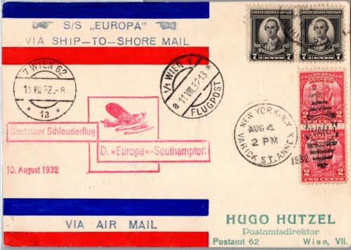 USA 342, 347 auf Postkarte Schleuderflug D. ´Europa´ 1932 #DHY99