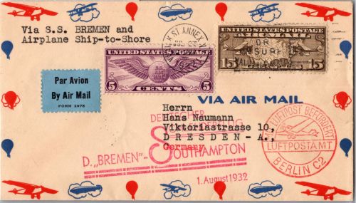 USA 301, 321 auf Brief Schleuderflug D. ´Bremen´ 1932 #DHZ01