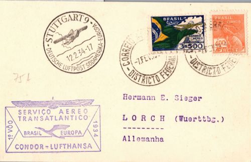Flugpost Brasilien-Europa Erstflug auf Postkarte Condor Lufthansa #DHZ02