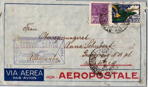 Flugpost Brasilien-Europa Erstflug auf Brief Condor Lufthansa #DHZ05