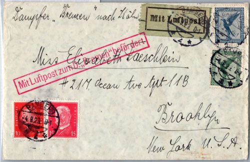 Deutsches Reich 378, 380 u.a. auf Brief Luftpost zum Dampfer ´Bremem´ #DHZ52