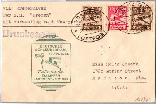 Danzig 203, 204 auf Brief Schleuderflug D. ´Bremen´ 1934 #DIA59