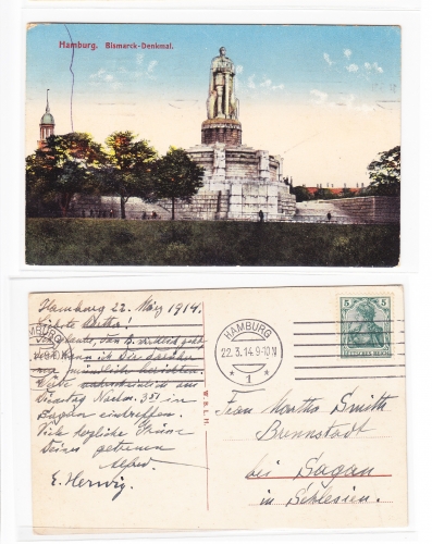 AK Hamburg Bismarck-Denkmal 1914 gebraucht #PA032
