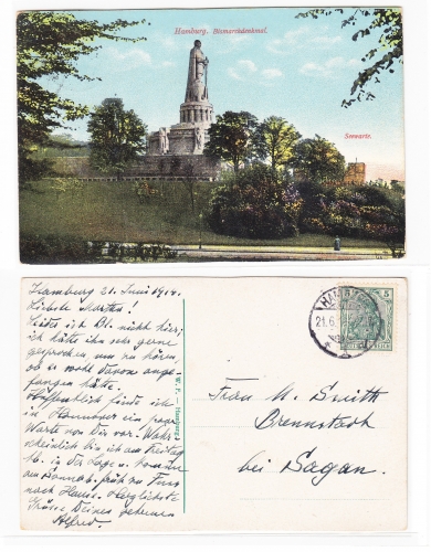 AK Hamburg Bismarck-Denkmal und Seewarte 1914 gebraucht #PA068