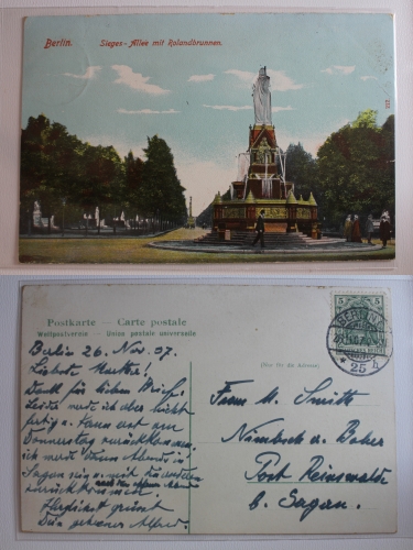 AK Berlin Sieges-Alee mit Rolandsbrunnen 1907 gebraucht #PA989