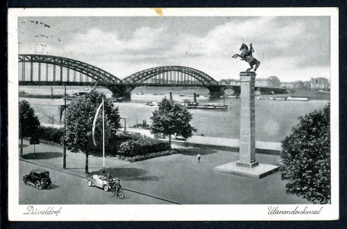 AK Düsseldorf Ulanendenkmal vor "alter" Oberkasseler Brücke Feldpost 1940 gebraucht #HK413