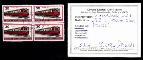 Berlin 382 I gestempelt als 4er Block mit Plattenfehler I, Befund Eliades #DHF51