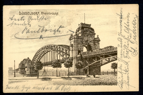 AK Düsseldorf Zeichnung Alte Oberkasseler Brücke 1911 gebraucht #IN749