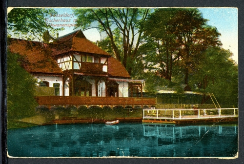 AK Düsseldorf Schwanenspiegel mit Fischerhaus, colorfiert 1920 gebraucht #IN750