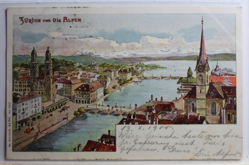 AK Zürich und die Alpen 1900 Künstlerkarte (K. Massdorf) gebraucht #PC421
