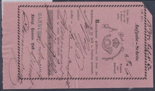AD Hannover Post Aufgabe- Schein Harburg 1857 #DIB28