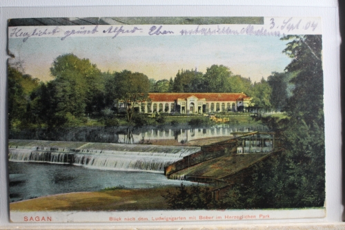 AK Sagan Ludwigsgarten mit Bober im Herzoglichen Park 1904 gebraucht #PD740